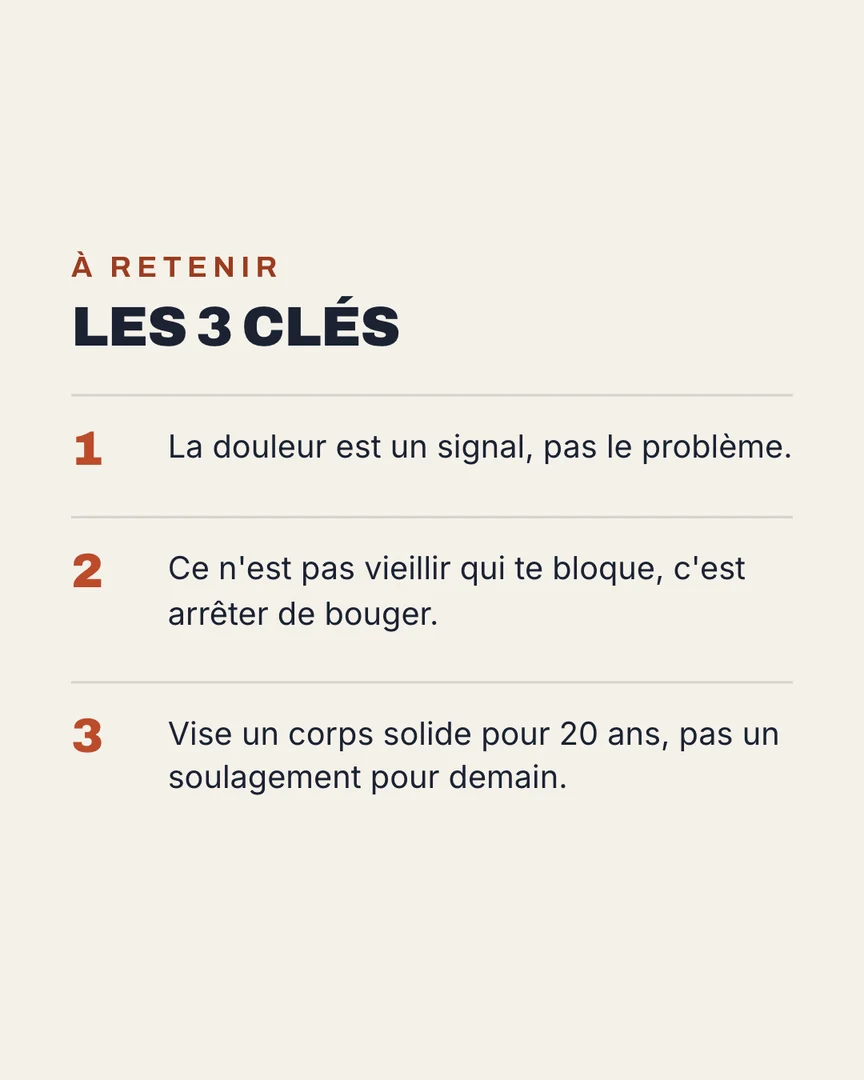 Les 3 clés : la douleur est un signal, pas le problème. Ce n'est pas vieillir qui te bloque, c'est arrêter de bouger. Vise un corps solide pour 20 ans, pas un soulagement pour demain.